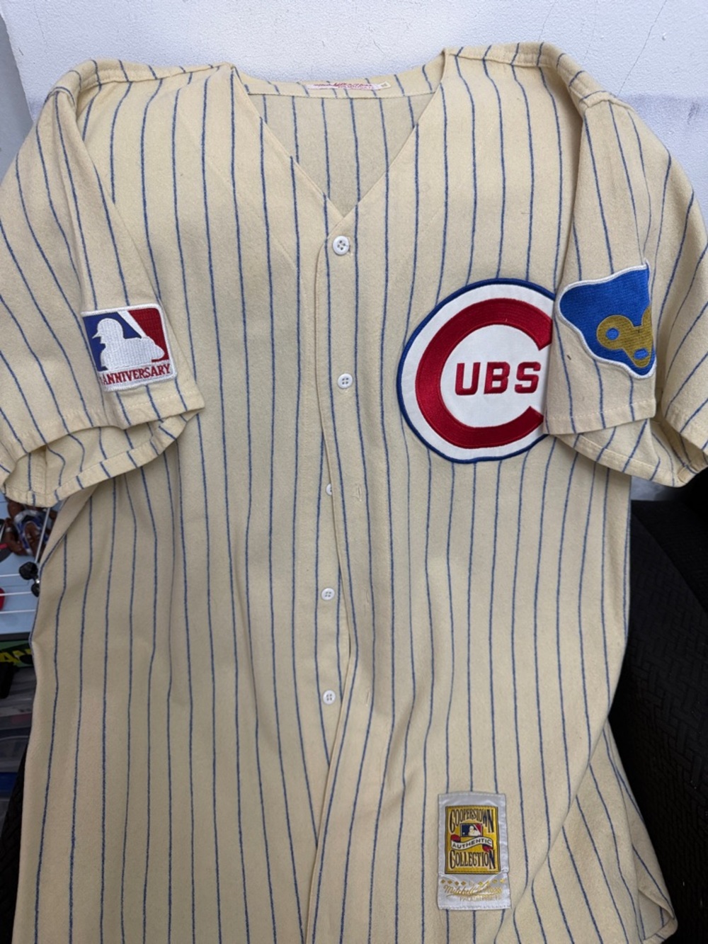 Mitchell & Ness Cream Pinstripe Jersey with Blue Stripes
